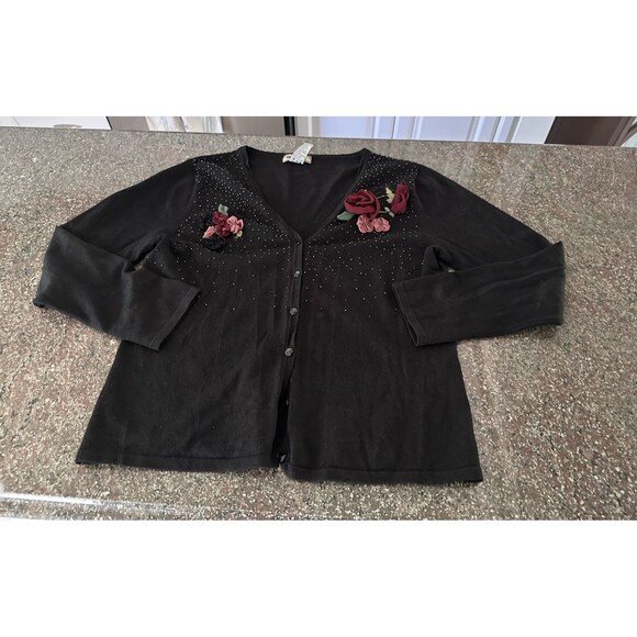 Vintage Tiara International Embroidered Cardigan Black Floral Sweater Womens M - Picture 13 of 13